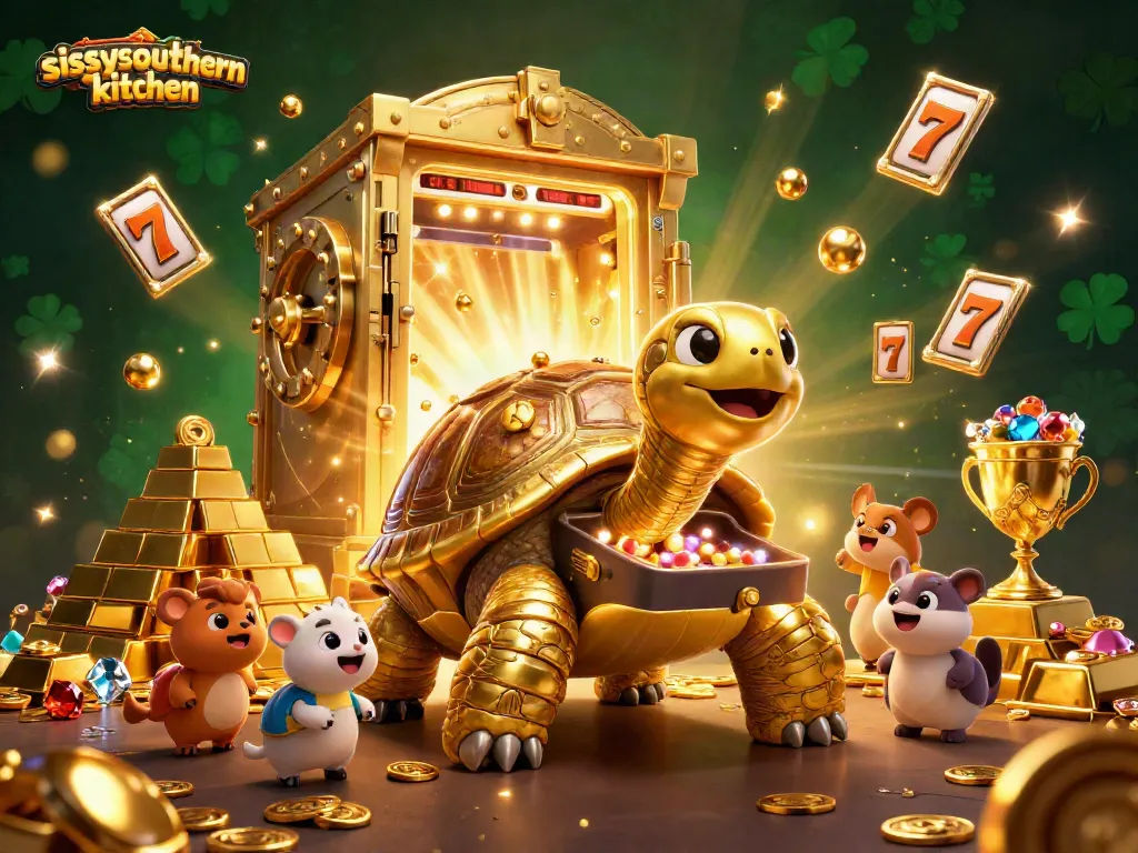 Sissyssouthernkitchen showcases a vibrant casino scene filled with a golden tortoise pinball machine, slot reels, and treasures.