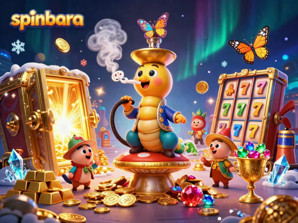 Experience thrilling spins and big wins at spinbara in this vibrant casino-themed illustration.