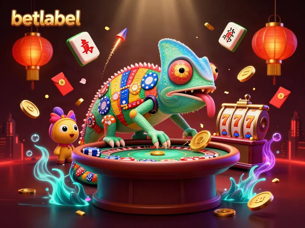 Engaging illustration of betlabel's vibrant casino scene, featuring a chameleon owner amidst lively game elements.