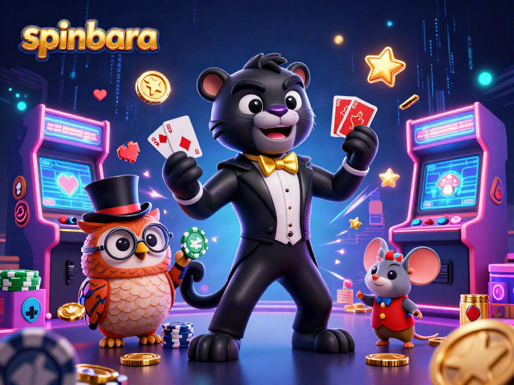 Spinbara casino features a stylish black panther dealing cards in a vibrant 3D gaming scene.