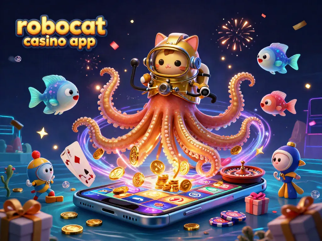 Win big with the robocat casino app featuring a colorful 3D scene of casino games and characters.