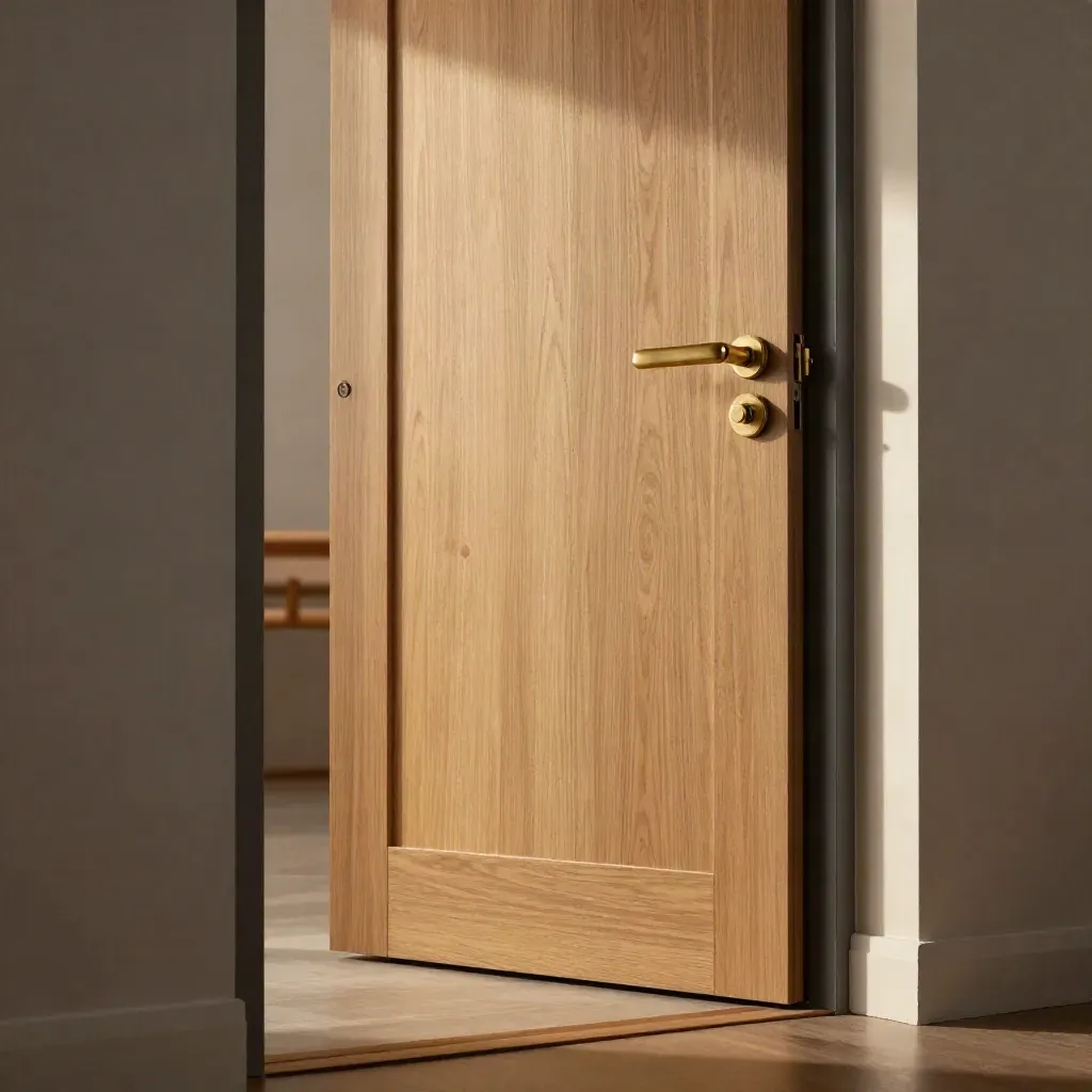 Puerta interior de madera clara entreabierta en un pasillo grafito, con ajuste perfecto.