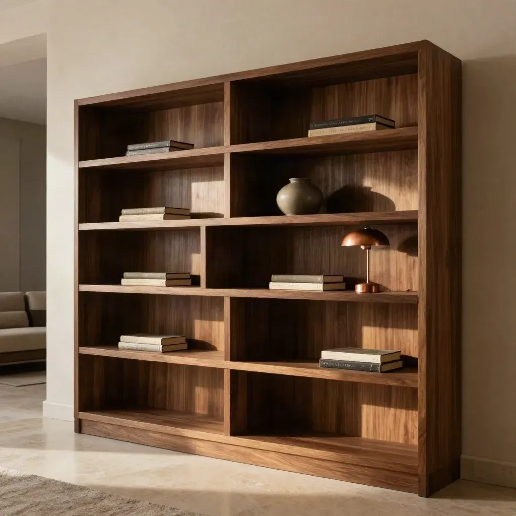 Librería empotrada de nogal con libros cerrados, cerámica y lámpara apagada en un salón cálido.