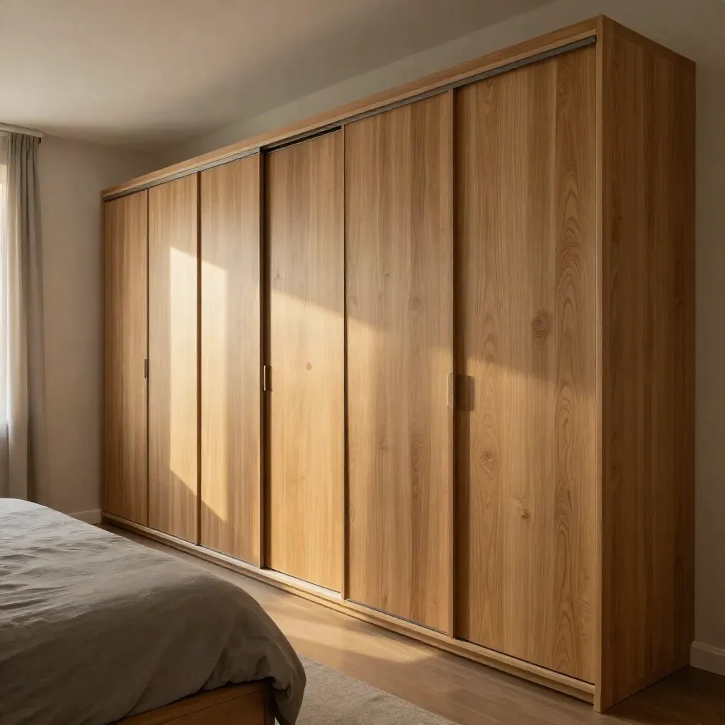 Armario empotrado de madera clara en dormitorio, con cama despejada y luz cálida lateral.