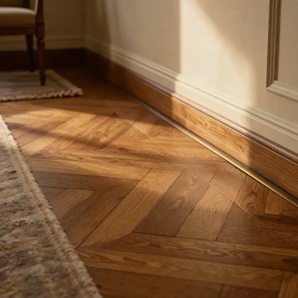 Salón clásico con parquet nuevo, juntas cerradas y luz rasante cálida sobre la madera.