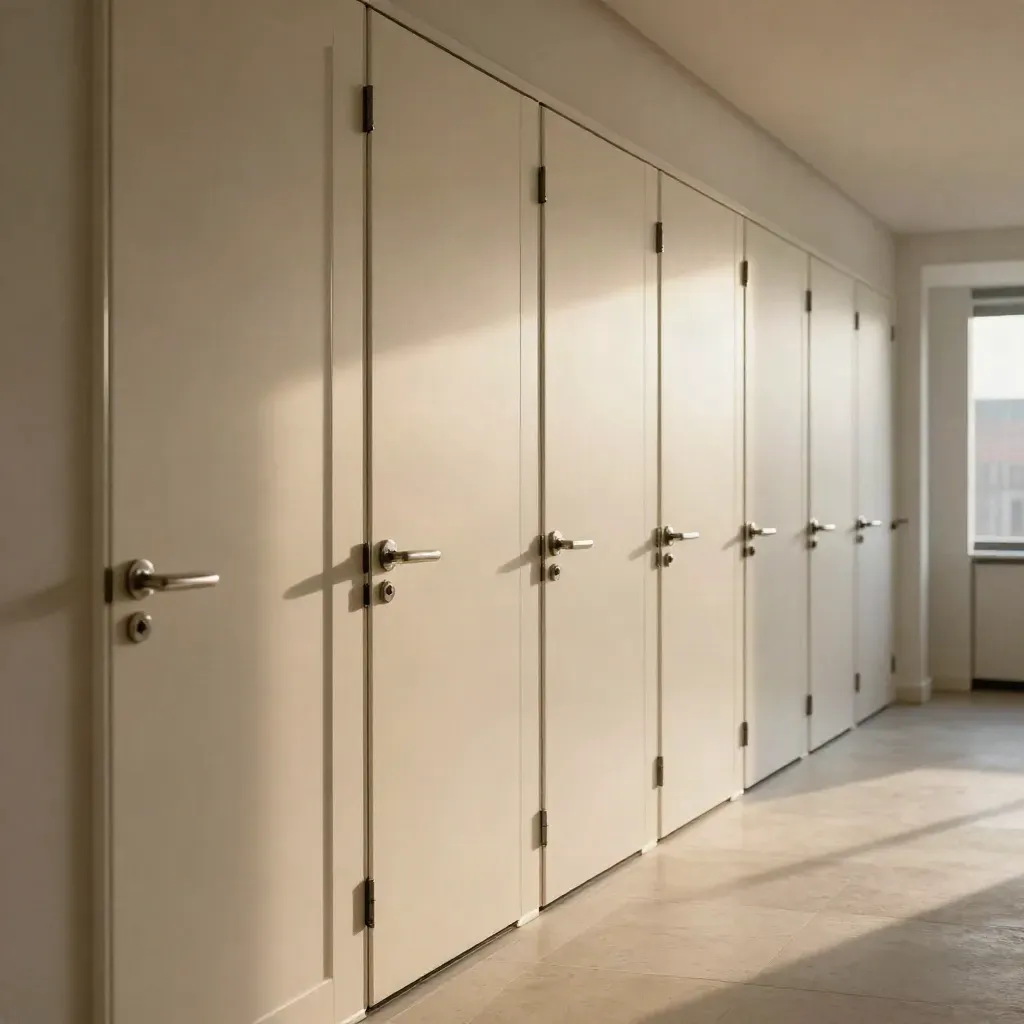 Pasillo de oficina con ocho puertas nuevas crema, alineadas y cerradas, en luz cálida.