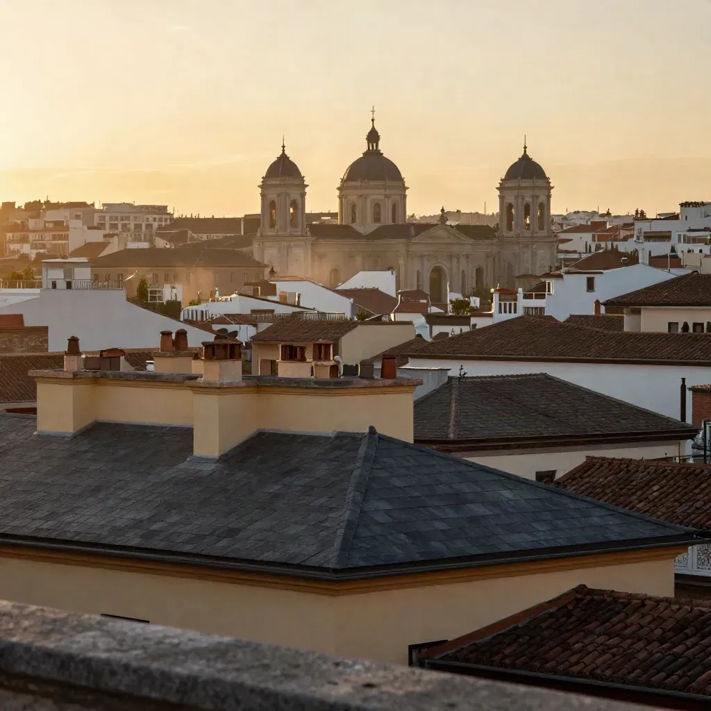 Tejados de Chamberí al amanecer con cúpulas y niebla dorada sobre Madrid.