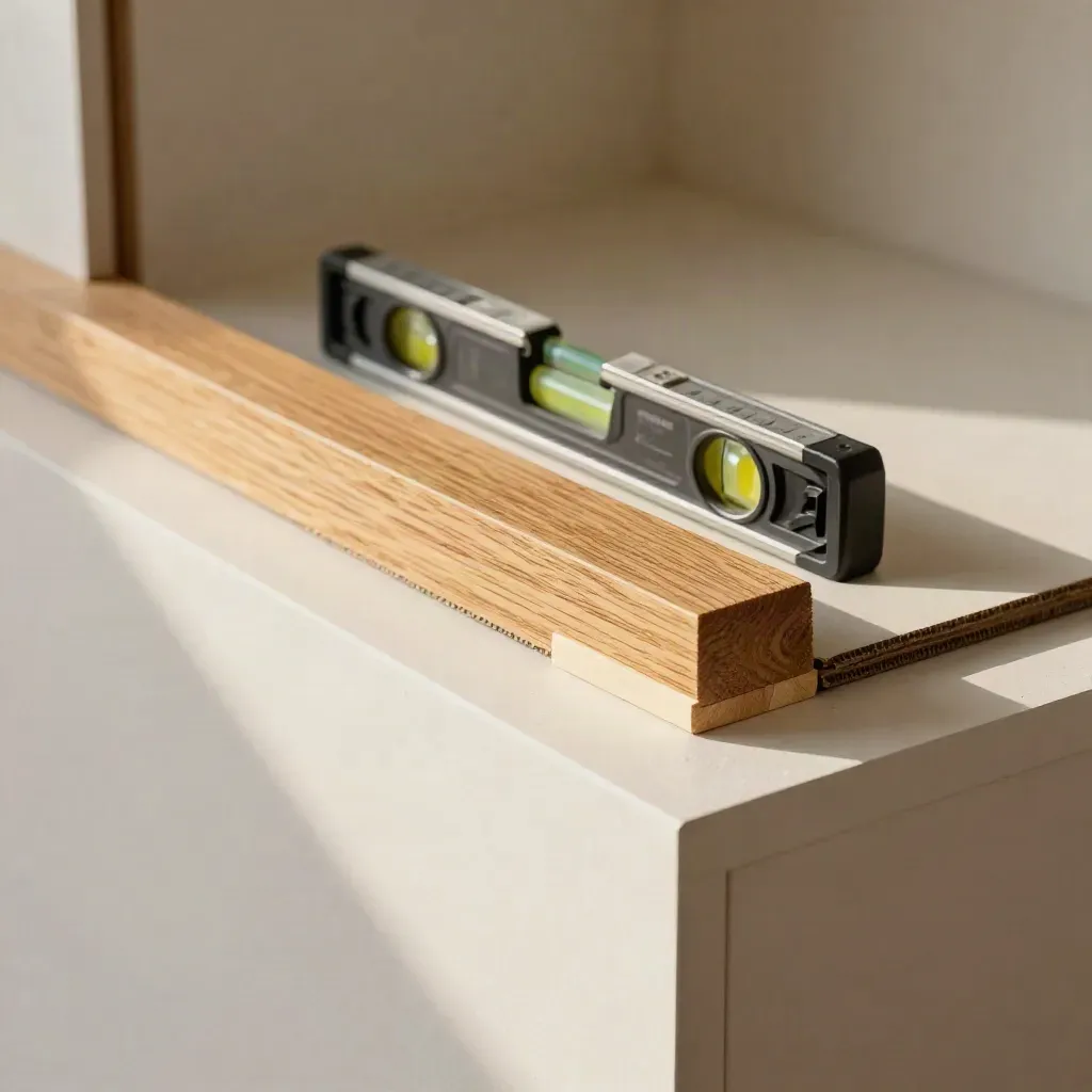 Plantilla de cartón, nivel de burbuja y calzos junto a un hueco de mueble, en luz suave.