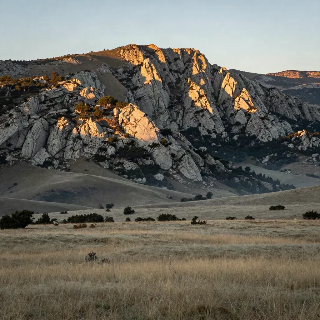 Crestas graníticas de la Sierra de Madrid con pinos y bruma sobre un valle sereno