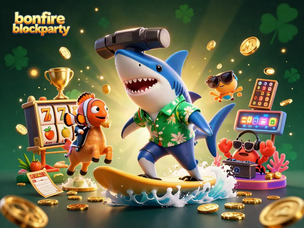 Engage in the bonfireblockparty festivities with colorful slot reels, gold coins, and lively casino characters.