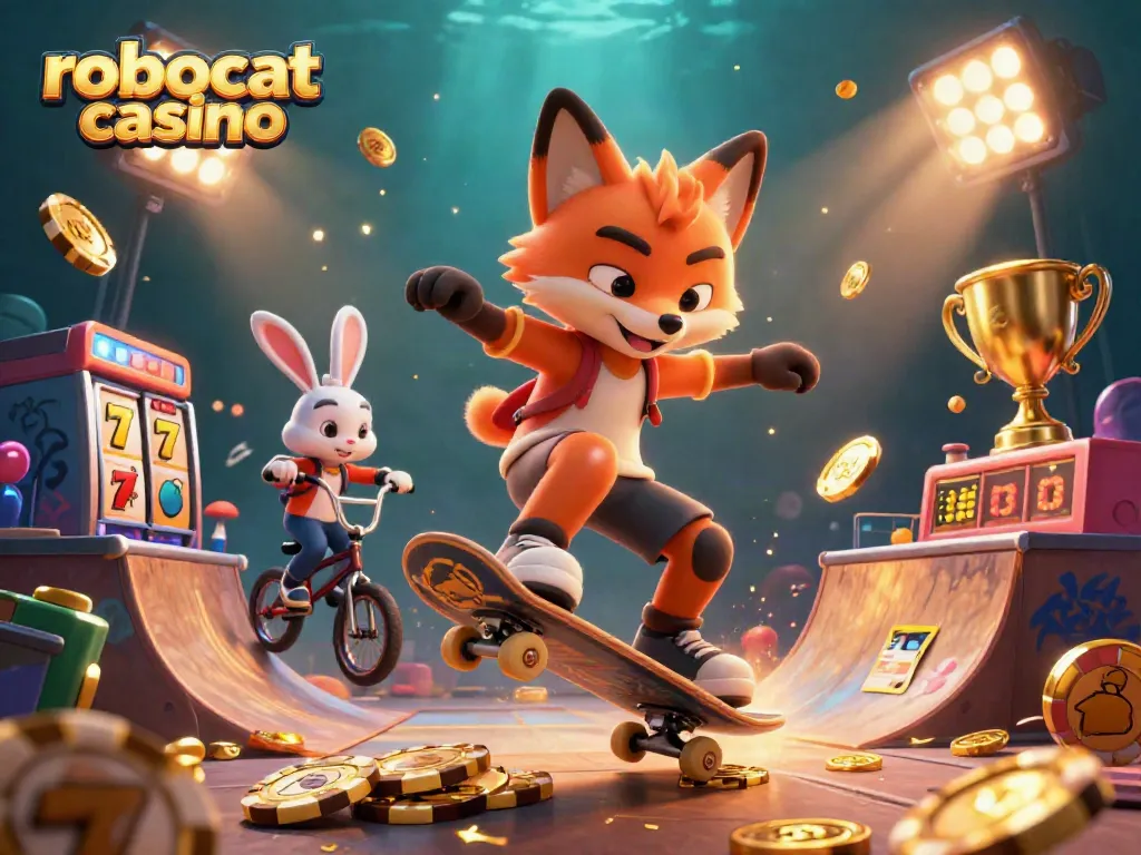Join the excitement at robocat casino with a dynamic illustration featuring a skateboarder fox and BMX rabbit amid casino-themed elements.
